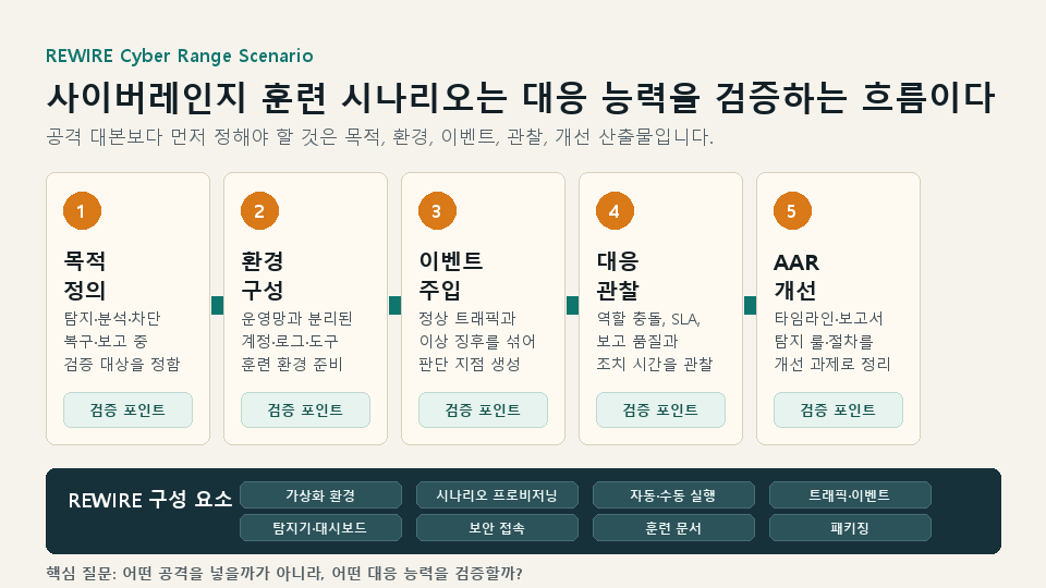 REWIRE 사이버레인지 훈련 시나리오 설계 흐름 - 목적 정의, 환경 구성, 이벤트 주입, 대응 관찰, AAR 개선