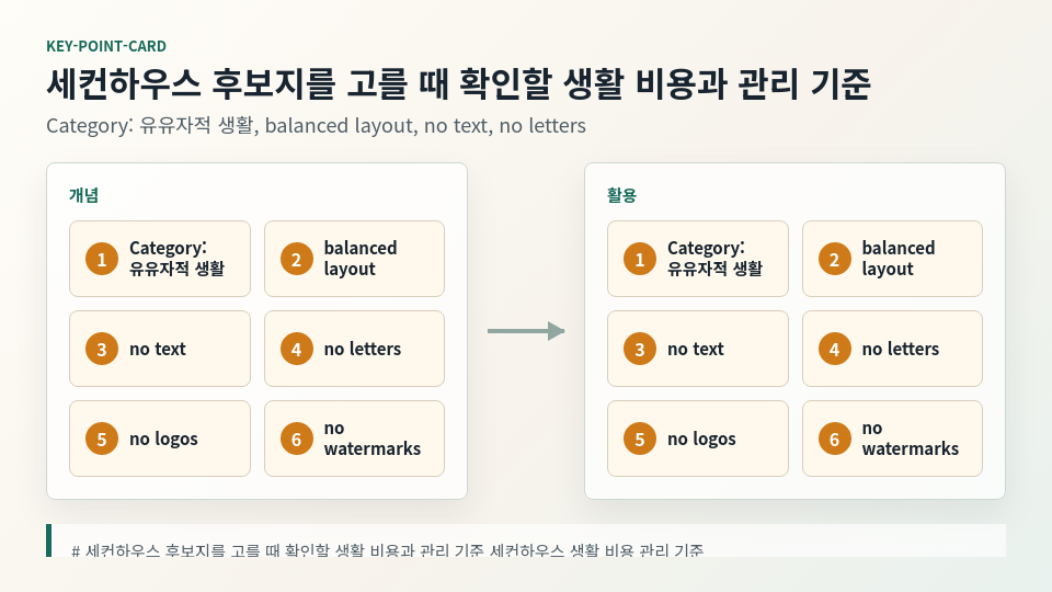 세컨하우스 후보지를 고를 때 확인할 생활 비용과 관리 기준 내용을 상징하는 본문 이미지